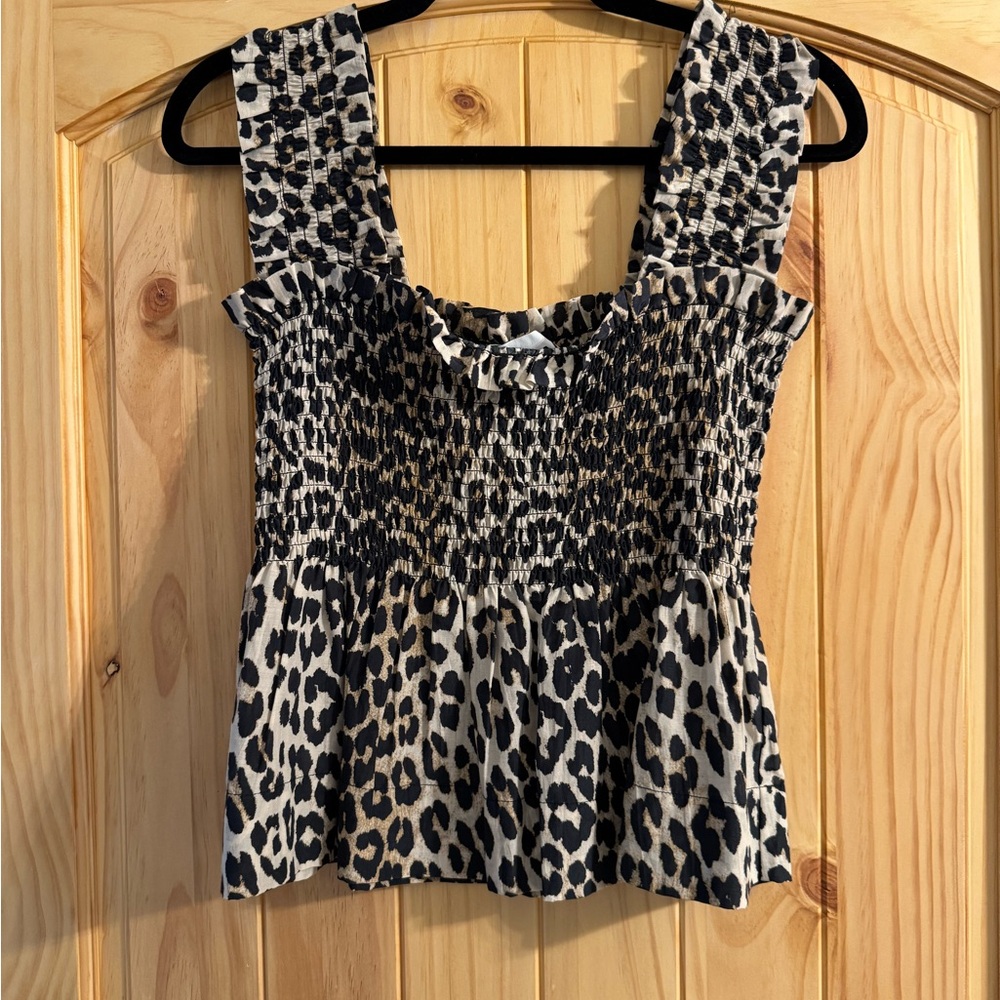 EUC Ganni Leopard Print Smocked Top